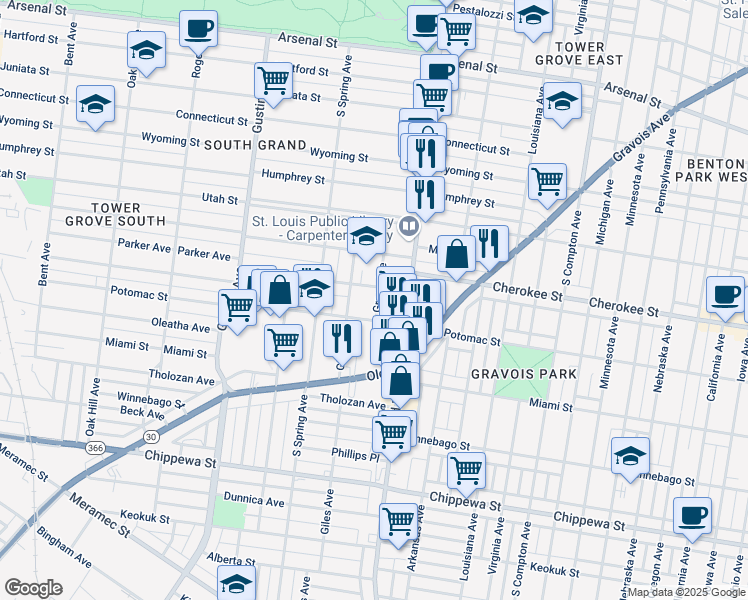 map of restaurants, bars, coffee shops, grocery stores, and more near 3455 Grace Avenue in St. Louis
