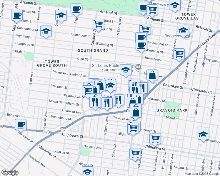map of restaurants, bars, coffee shops, grocery stores, and more near 3463 South Spring Avenue in St. Louis