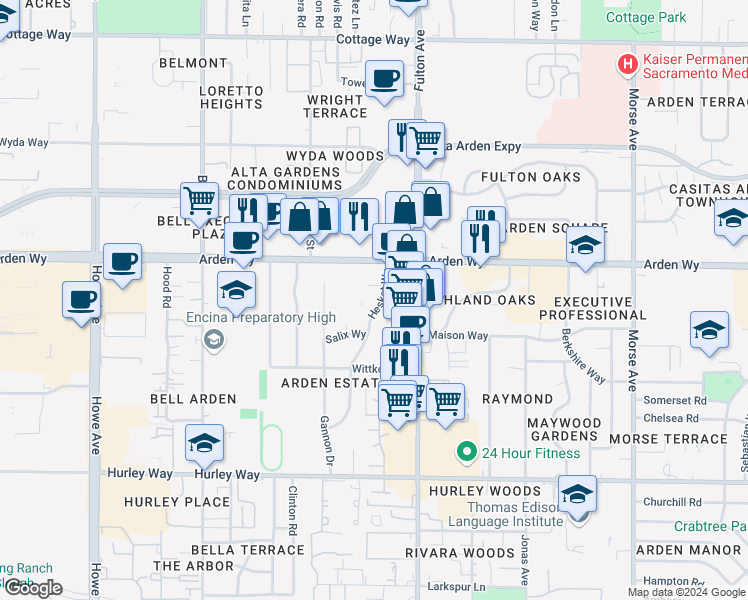map of restaurants, bars, coffee shops, grocery stores, and more near 2424 Arden Way in Sacramento