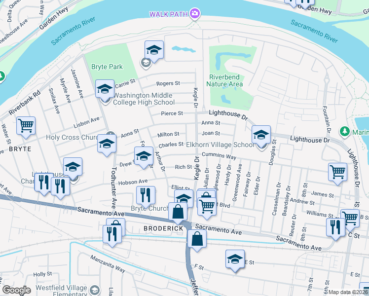 map of restaurants, bars, coffee shops, grocery stores, and more near 1005 Charles Street in West Sacramento