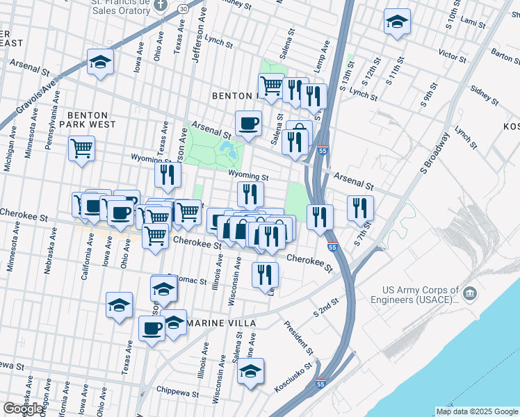 map of restaurants, bars, coffee shops, grocery stores, and more near 1935 Utah Street in St. Louis