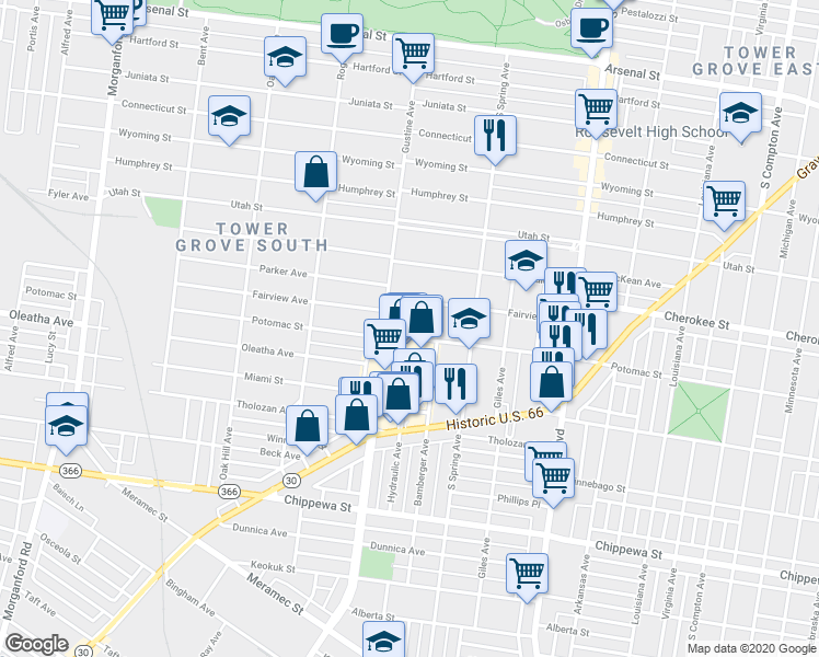 map of restaurants, bars, coffee shops, grocery stores, and more near 3853 Potomac Street in St. Louis