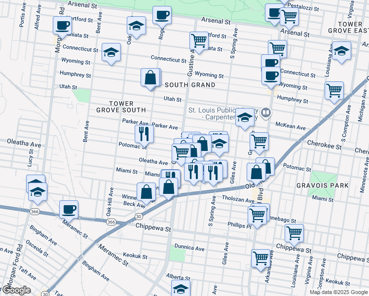 map of restaurants, bars, coffee shops, grocery stores, and more near 3853 Potomac Street in St. Louis