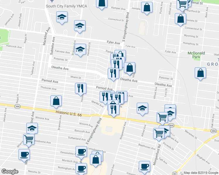 map of restaurants, bars, coffee shops, grocery stores, and more near 3531 South Kingshighway Boulevard in St. Louis