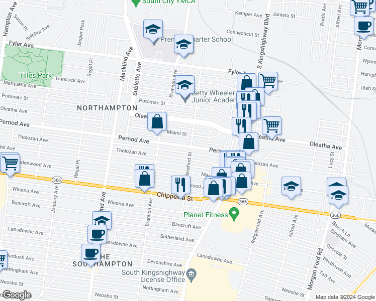 map of restaurants, bars, coffee shops, grocery stores, and more near 3540 Hereford Street in St. Louis
