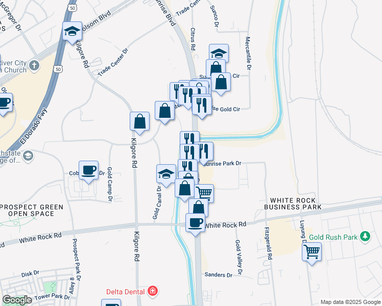 map of restaurants, bars, coffee shops, grocery stores, and more near 2990 Sunrise Boulevard in Rancho Cordova