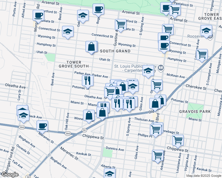 map of restaurants, bars, coffee shops, grocery stores, and more near 3853 Potomac Street in St. Louis