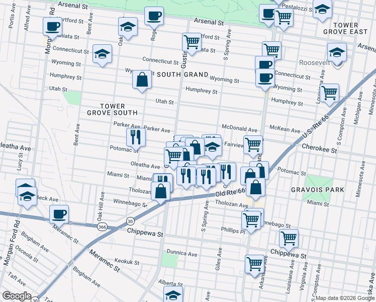 map of restaurants, bars, coffee shops, grocery stores, and more near 3844 Fairview Avenue in St. Louis