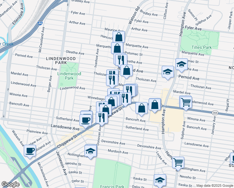 map of restaurants, bars, coffee shops, grocery stores, and more near 6466 Lindenwood Place in St. Louis