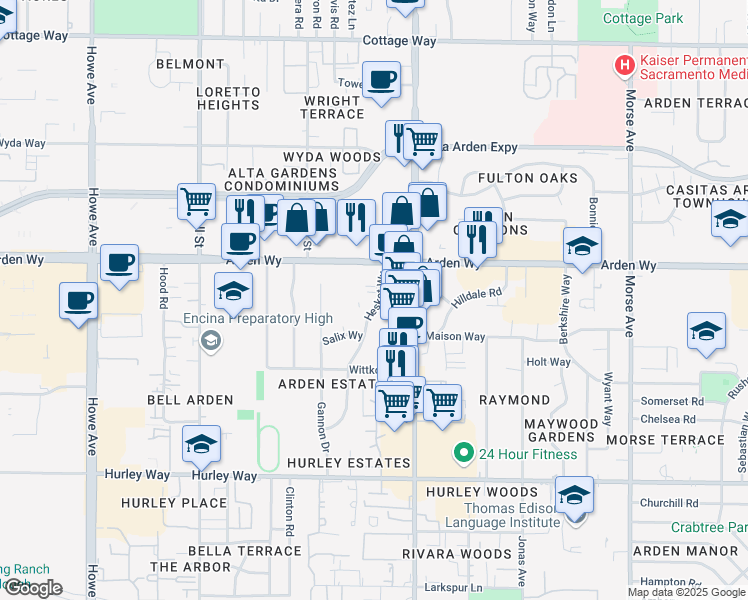 map of restaurants, bars, coffee shops, grocery stores, and more near 1600 Hesket Way in Sacramento