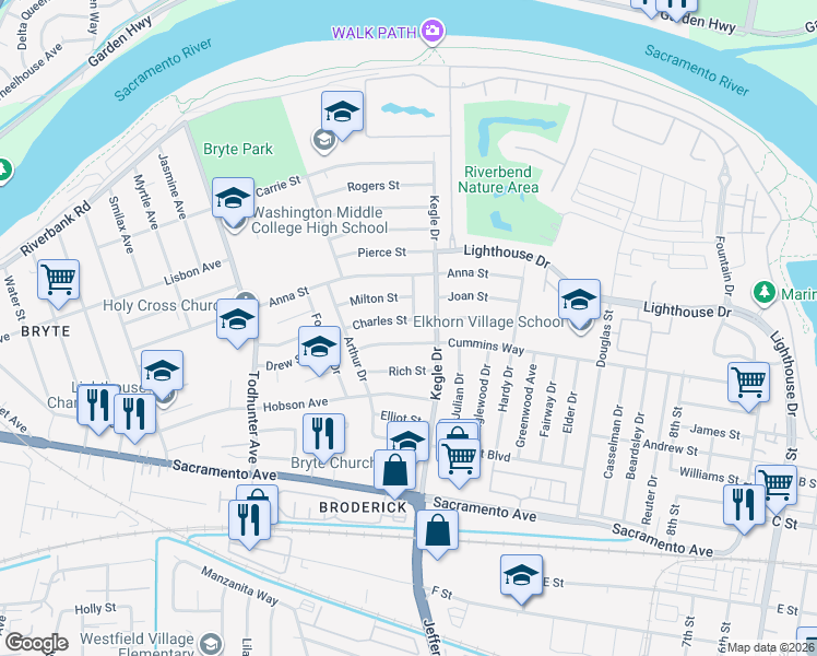 map of restaurants, bars, coffee shops, grocery stores, and more near 1005 Charles Street in West Sacramento