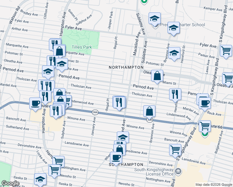 map of restaurants, bars, coffee shops, grocery stores, and more near 5462 Tholozan Avenue in St. Louis