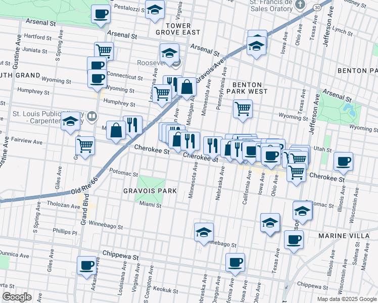 map of restaurants, bars, coffee shops, grocery stores, and more near 3115 Cherokee Street in St. Louis