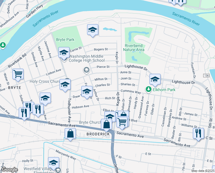 map of restaurants, bars, coffee shops, grocery stores, and more near 1005 Charles Street in West Sacramento
