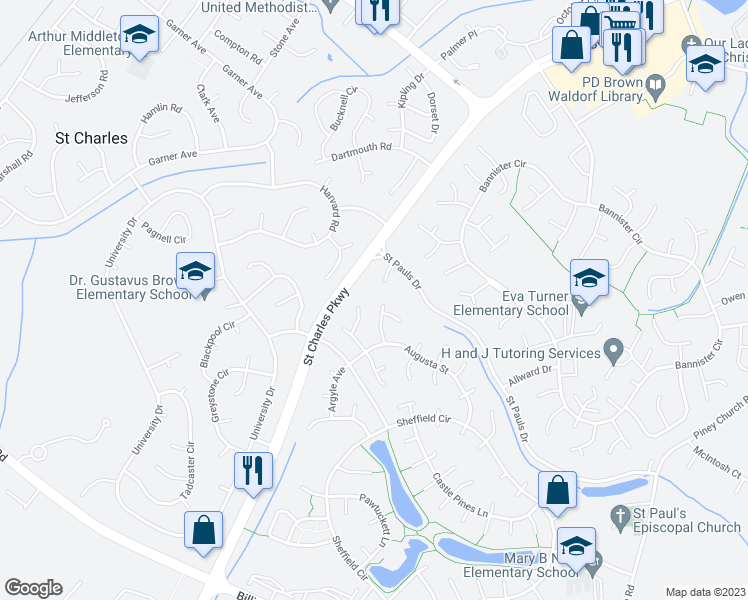 map of restaurants, bars, coffee shops, grocery stores, and more near 11673 Doral Court in Waldorf