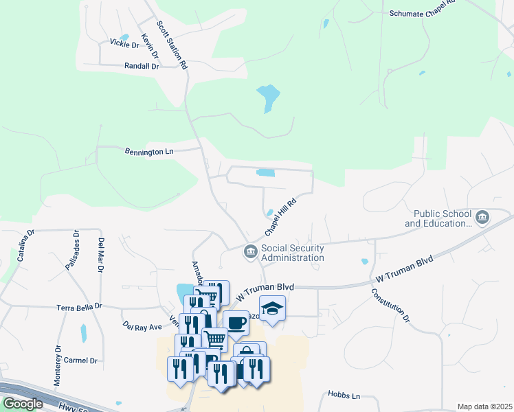 map of restaurants, bars, coffee shops, grocery stores, and more near 3607 South Rock Beacon Road in Jefferson City