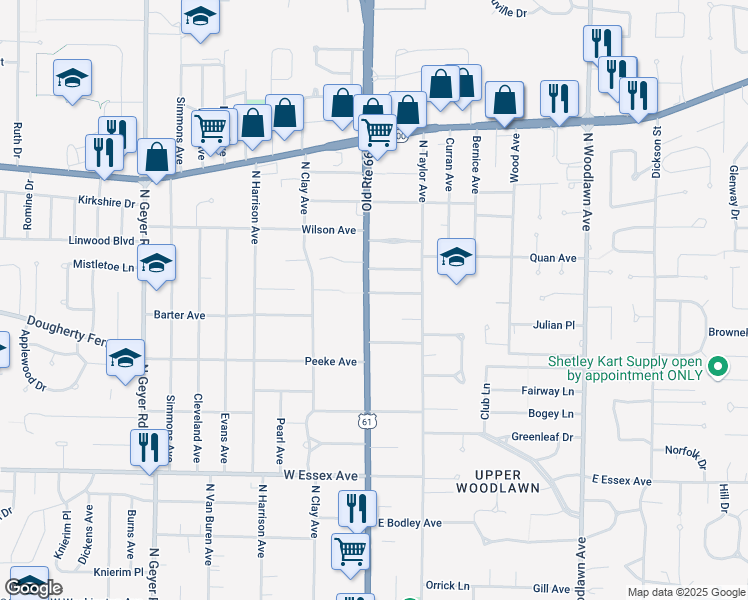 map of restaurants, bars, coffee shops, grocery stores, and more near 851 North Kirkwood Road in Kirkwood