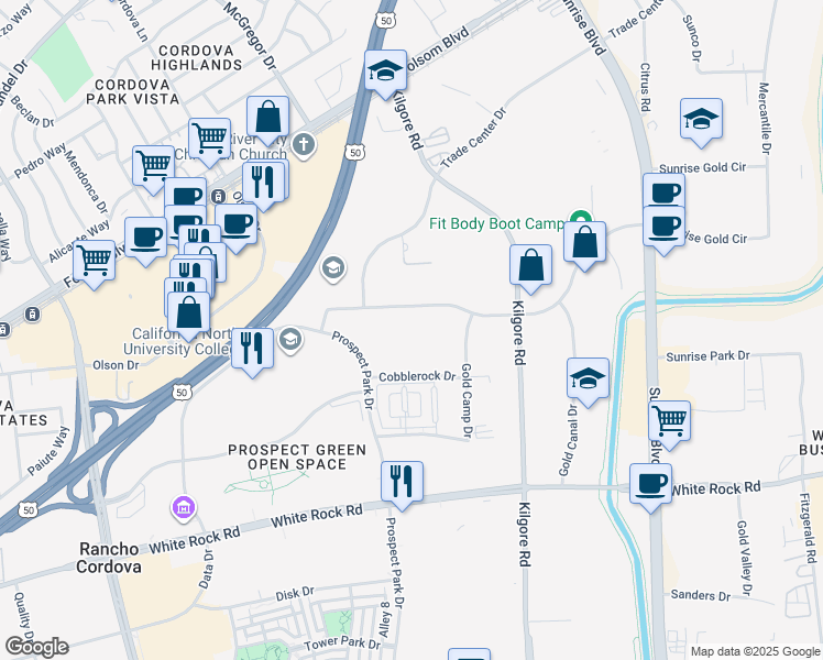 map of restaurants, bars, coffee shops, grocery stores, and more near 11020 Sun Center Drive in Rancho Cordova