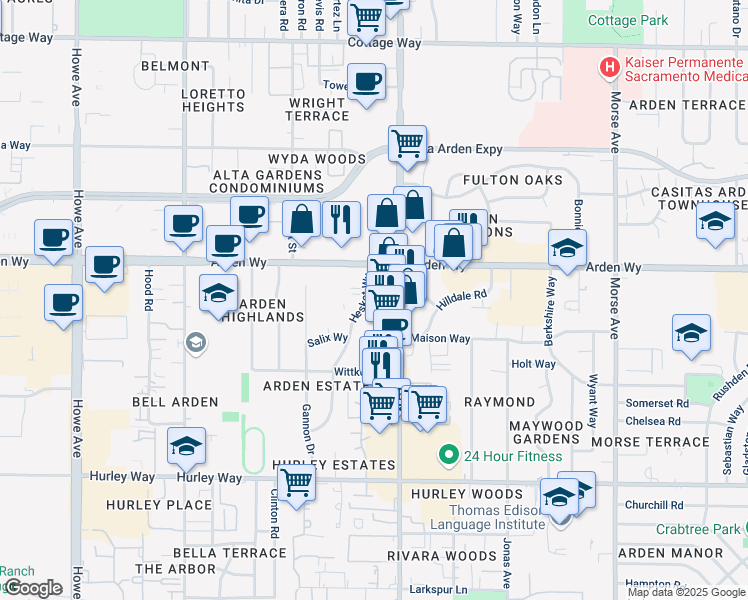 map of restaurants, bars, coffee shops, grocery stores, and more near 1600 Hesket Way in Sacramento