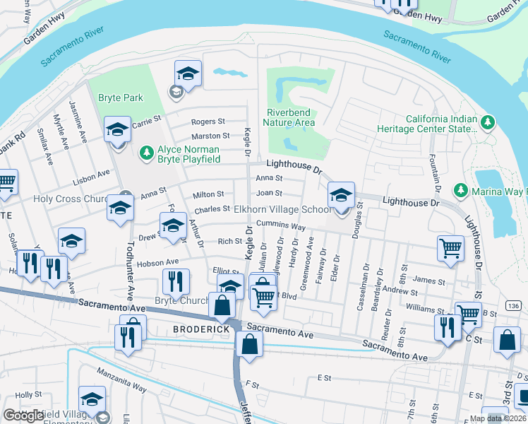map of restaurants, bars, coffee shops, grocery stores, and more near 949 Sharian Street in West Sacramento
