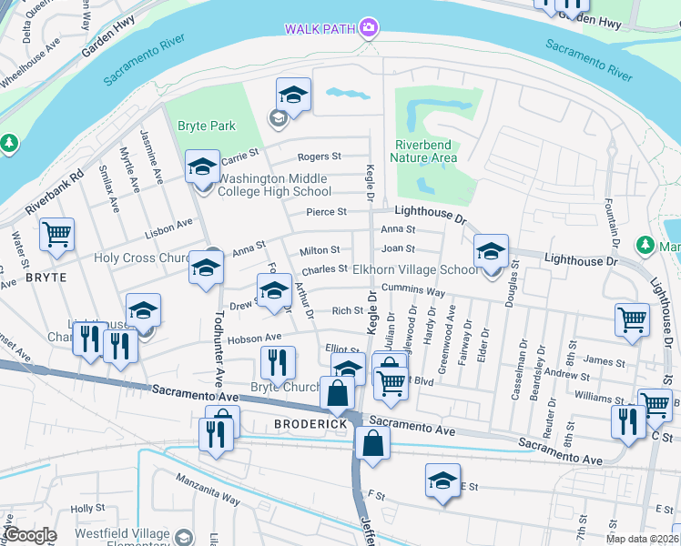 map of restaurants, bars, coffee shops, grocery stores, and more near 1005 Charles Street in West Sacramento