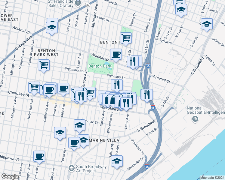 map of restaurants, bars, coffee shops, grocery stores, and more near 2002 Withnell Avenue in St. Louis