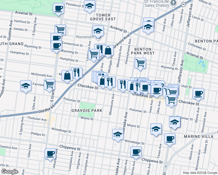 map of restaurants, bars, coffee shops, grocery stores, and more near 3398 Michigan Avenue in St. Louis