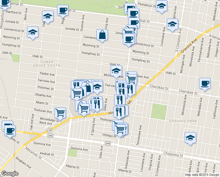 map of restaurants, bars, coffee shops, grocery stores, and more near 3660 Fairview Avenue in St. Louis
