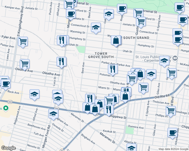 map of restaurants, bars, coffee shops, grocery stores, and more near 4100 Potomac Street in St. Louis