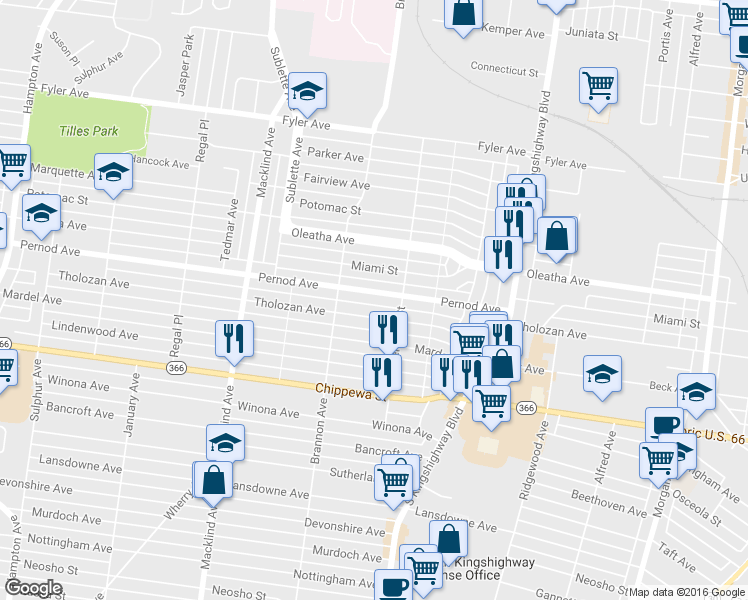 map of restaurants, bars, coffee shops, grocery stores, and more near 5044 Pernod Avenue in St. Louis
