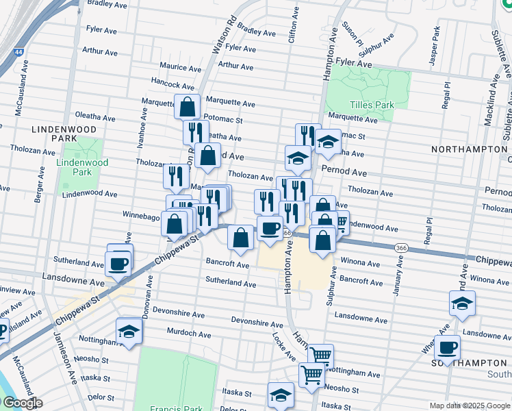 map of restaurants, bars, coffee shops, grocery stores, and more near 6301 Lindenwood Court in St. Louis