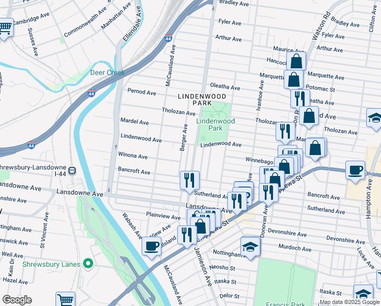 map of restaurants, bars, coffee shops, grocery stores, and more near 3908-3910 Jamieson Avenue in St. Louis