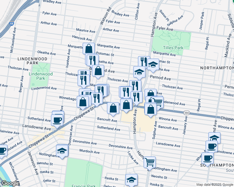 map of restaurants, bars, coffee shops, grocery stores, and more near 6301 Lindenwood Court in St. Louis