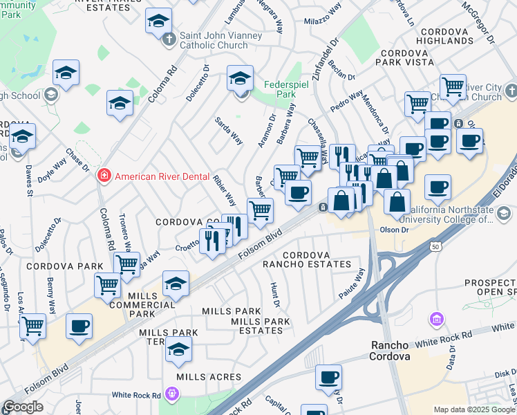 map of restaurants, bars, coffee shops, grocery stores, and more near 2733 Aramon Drive in Rancho Cordova