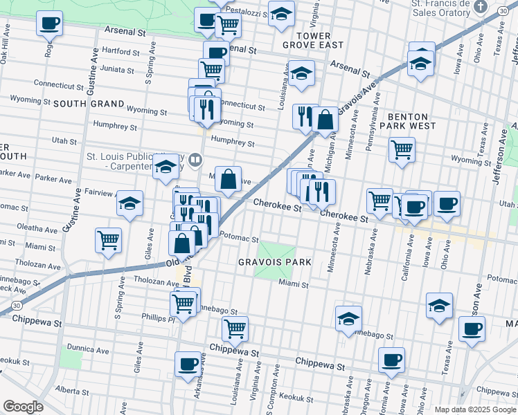 map of restaurants, bars, coffee shops, grocery stores, and more near 3404 Cherokee Street in St. Louis