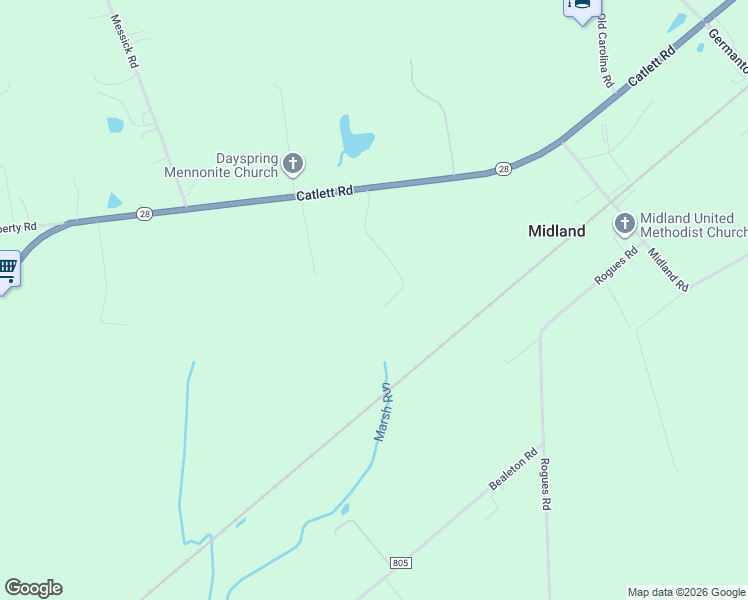 map of restaurants, bars, coffee shops, grocery stores, and more near 5451 Catlett Road in Midland