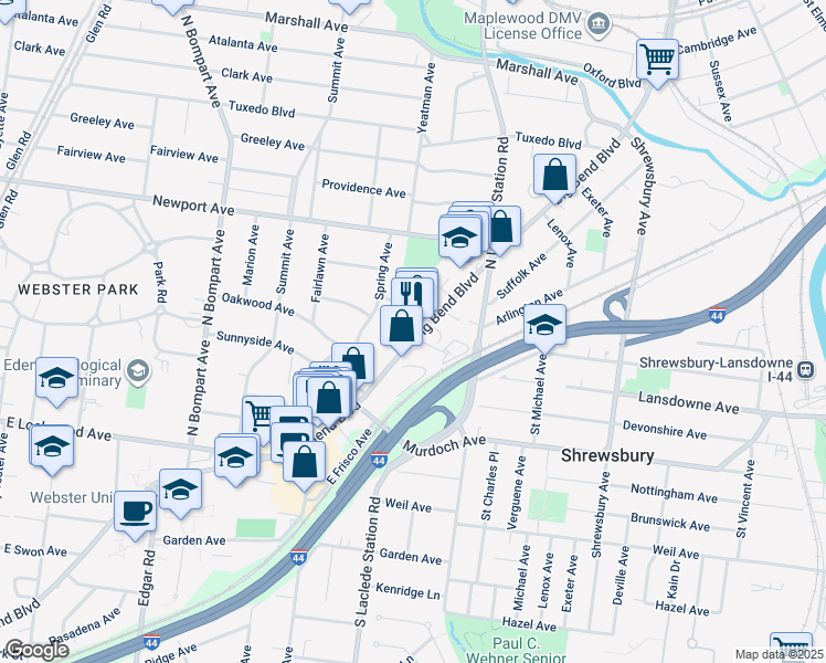 map of restaurants, bars, coffee shops, grocery stores, and more near 810 Dale Avenue in Webster Groves