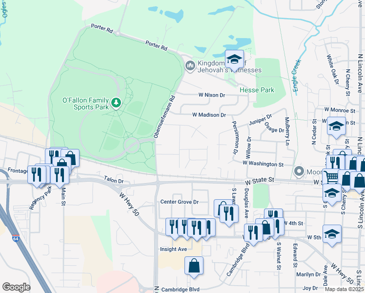 map of restaurants, bars, coffee shops, grocery stores, and more near 933 Jenna Lee Lane in O'Fallon