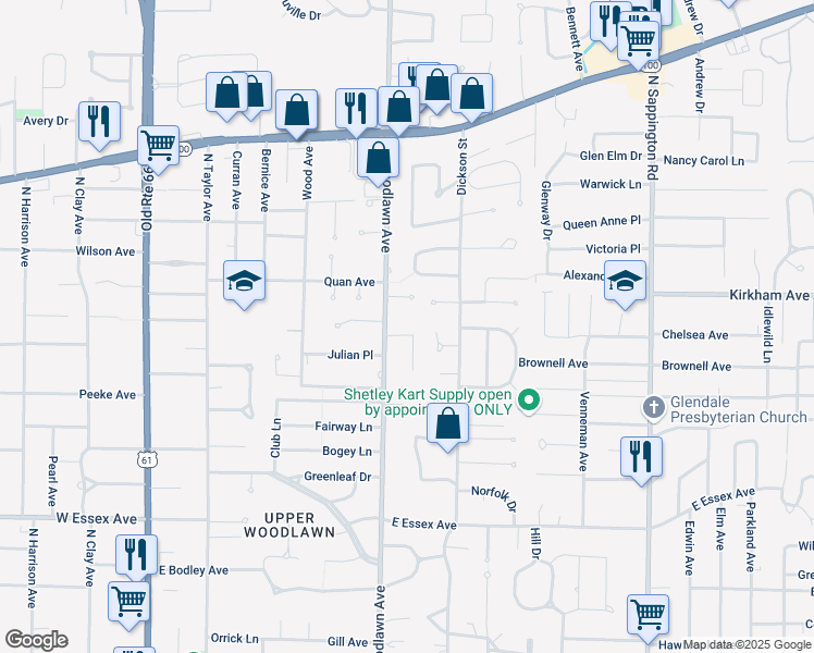 map of restaurants, bars, coffee shops, grocery stores, and more near 858 Doerwood Court in Kirkwood