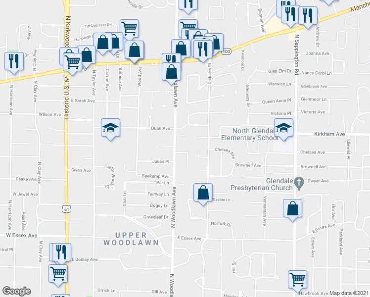 map of restaurants, bars, coffee shops, grocery stores, and more near 858 Doerwood Court in Kirkwood