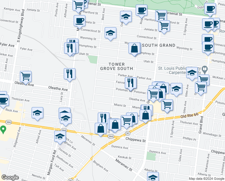 map of restaurants, bars, coffee shops, grocery stores, and more near 4100 Potomac Street in St. Louis