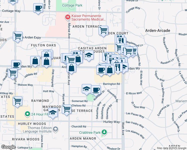 map of restaurants, bars, coffee shops, grocery stores, and more near 3240 Arden Way in Sacramento