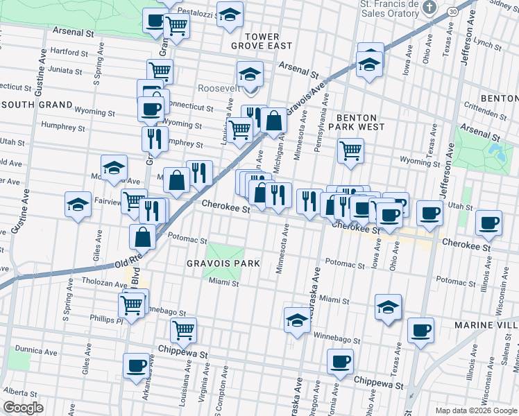 map of restaurants, bars, coffee shops, grocery stores, and more near 3201 Cherokee Street in St. Louis
