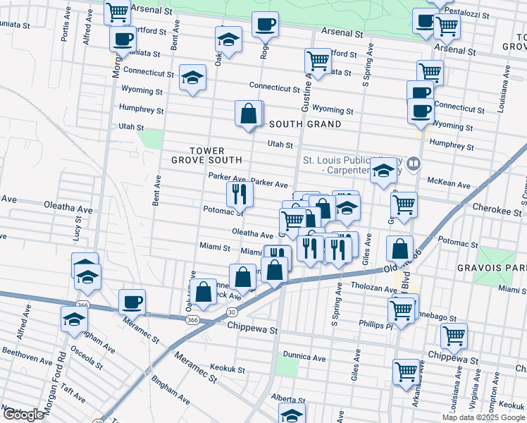 map of restaurants, bars, coffee shops, grocery stores, and more near 3926 Fairview Avenue in St. Louis