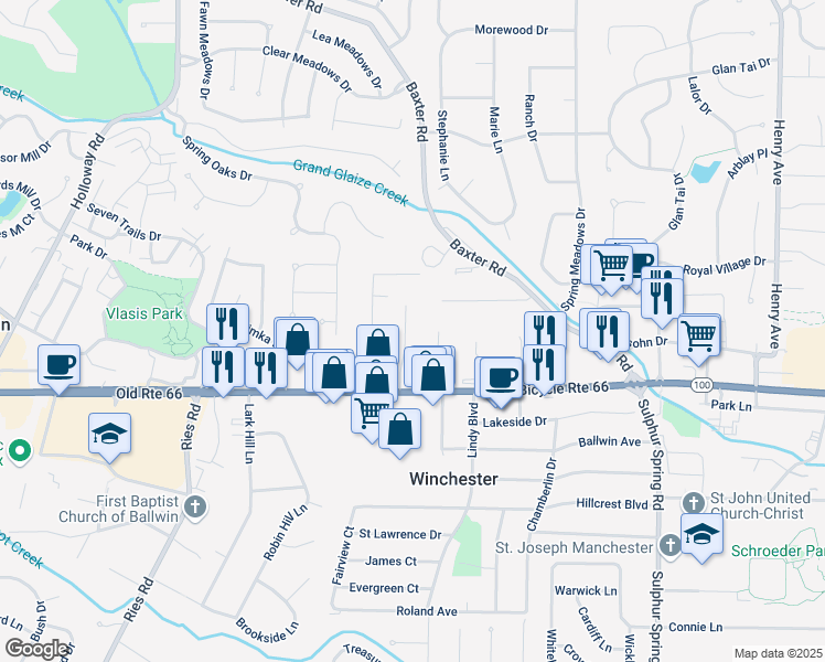 map of restaurants, bars, coffee shops, grocery stores, and more near 112 Maple Lane in Ballwin