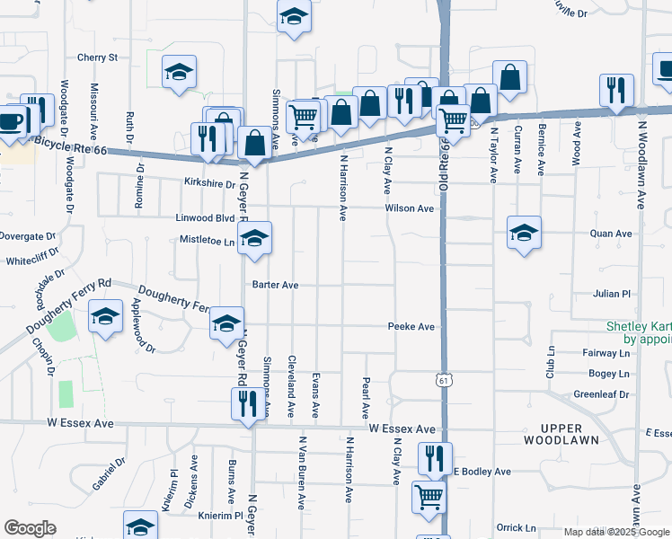 map of restaurants, bars, coffee shops, grocery stores, and more near 912 North Harrison Avenue in Kirkwood