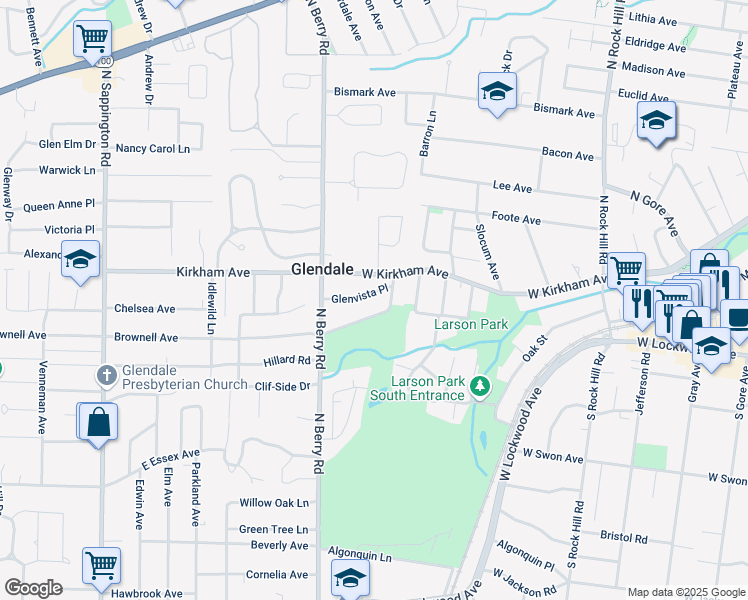 map of restaurants, bars, coffee shops, grocery stores, and more near 730 Glenvista Place in St. Louis