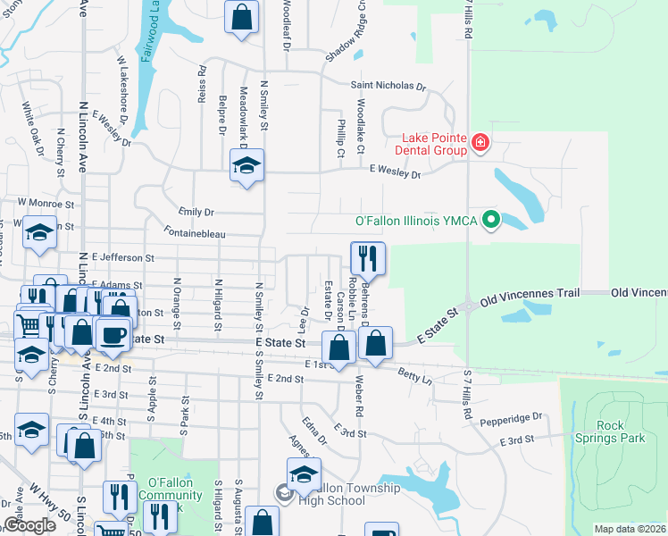 map of restaurants, bars, coffee shops, grocery stores, and more near 310 Lee Drive in O'Fallon