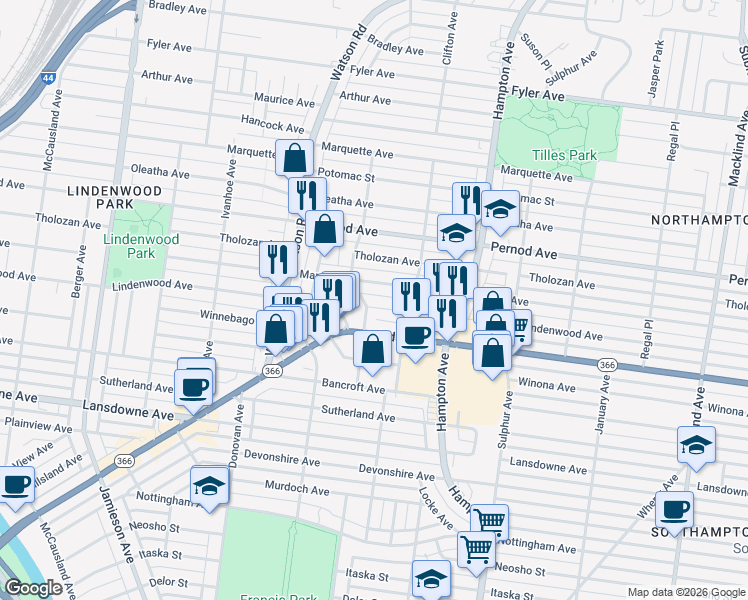 map of restaurants, bars, coffee shops, grocery stores, and more near 6301 Lindenwood Court in St. Louis