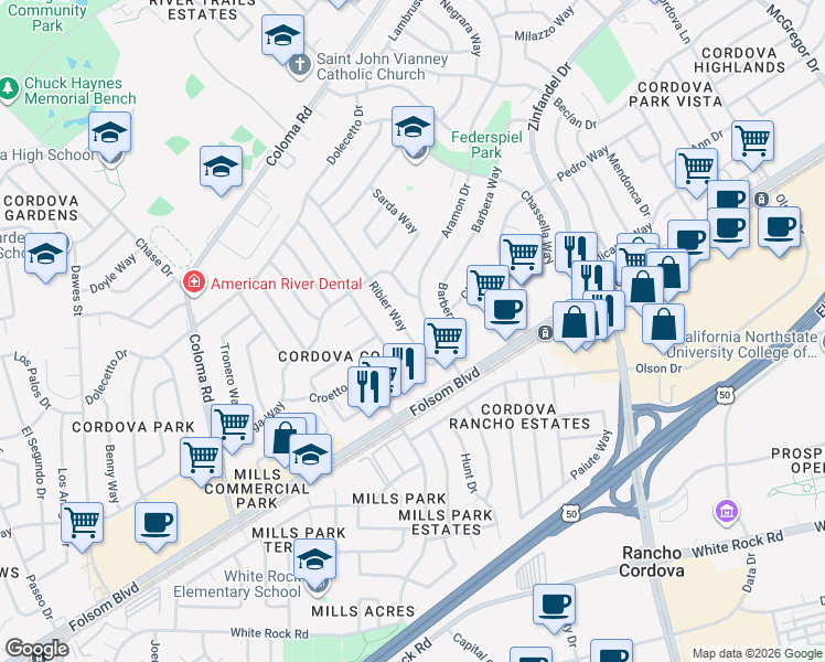 map of restaurants, bars, coffee shops, grocery stores, and more near 2701 Ribier Way in Rancho Cordova
